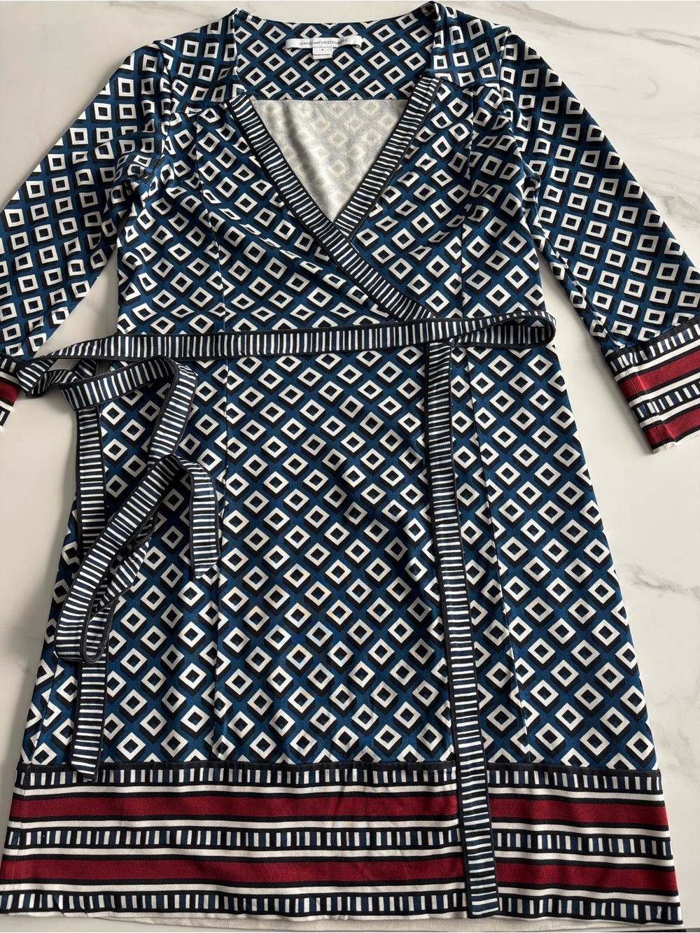 Diane Von Furstenberg Navy, White & Red Geometric Wrap Dress - Picture 2 of 11